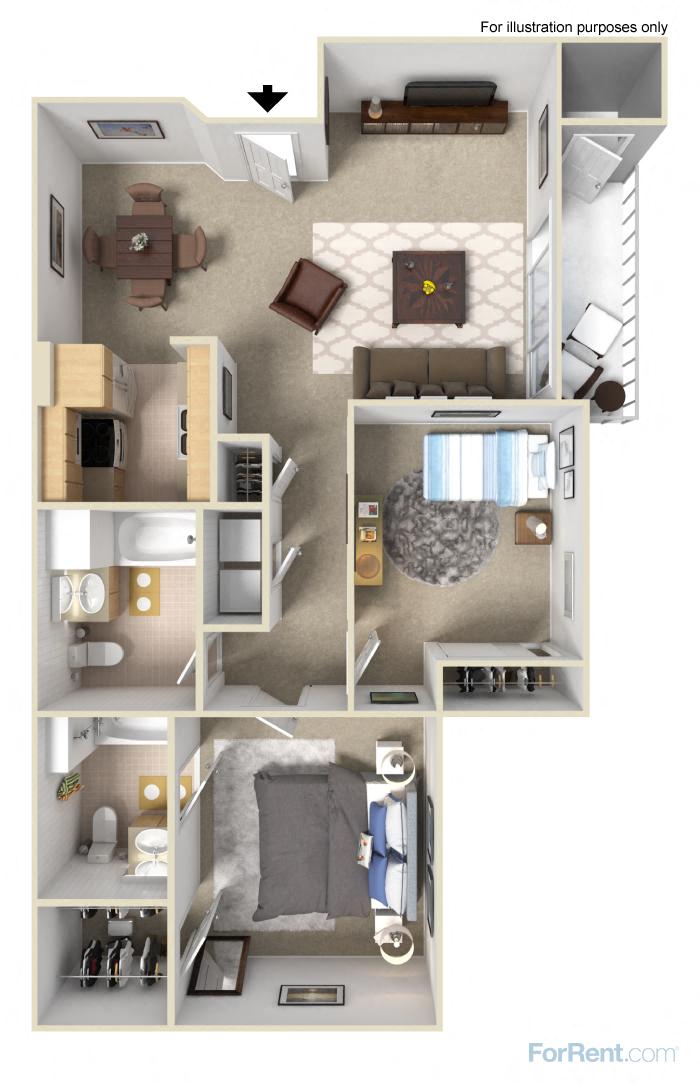 Floor plan for 2 beds, 2 baths, 1026 sqft